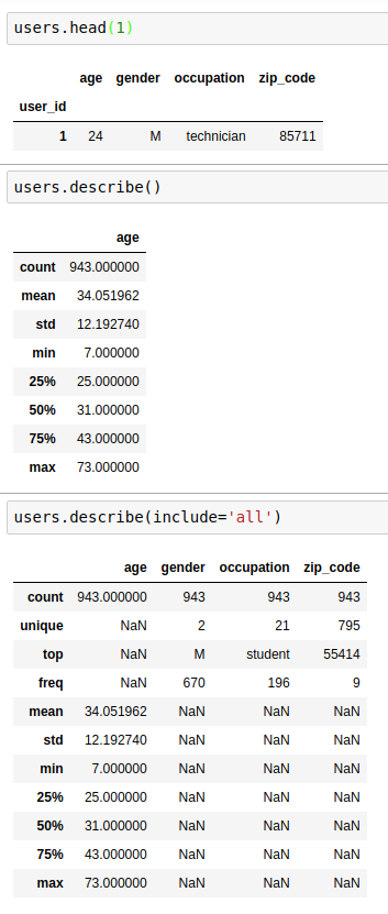 Example output from the describe method